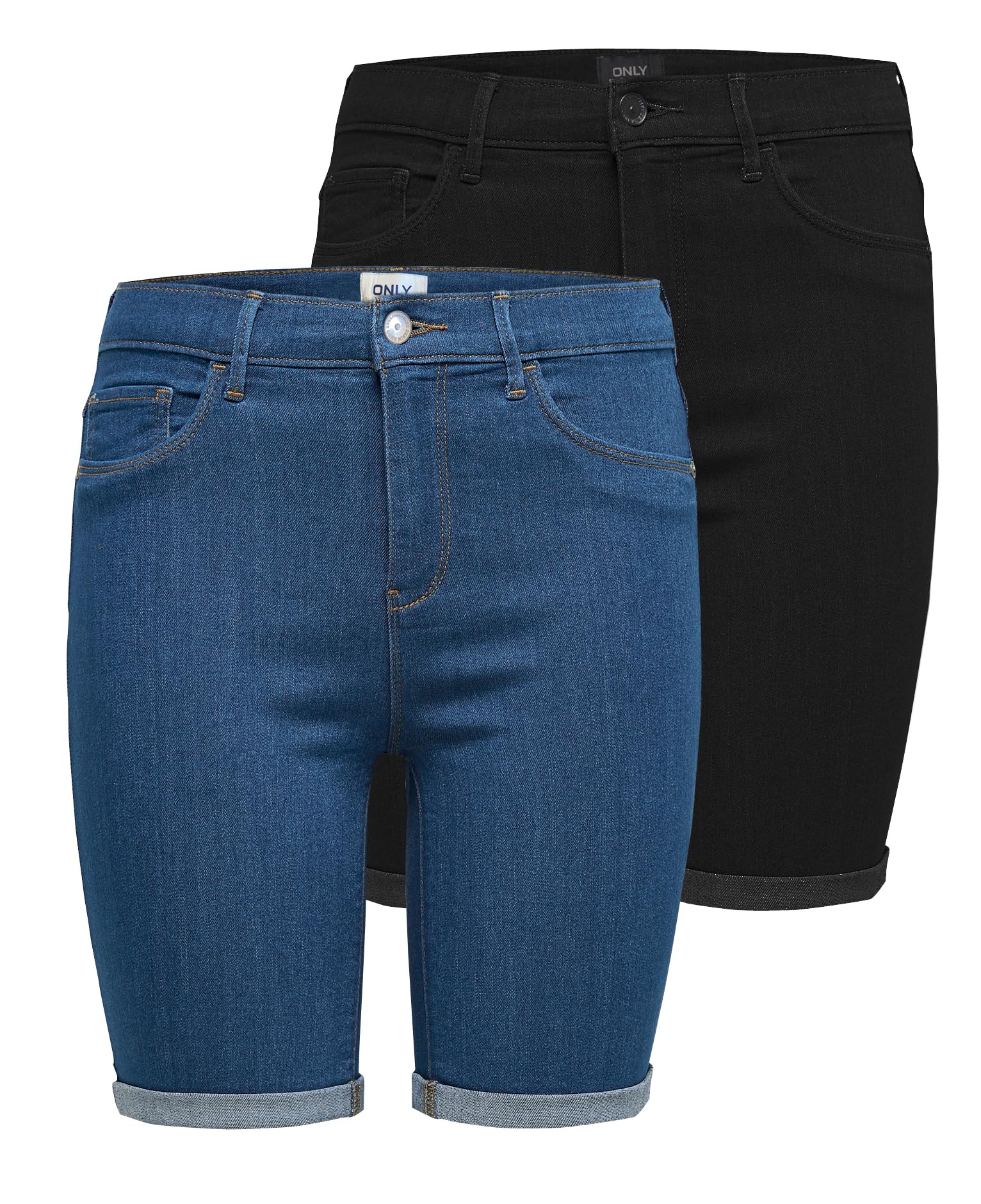 ONLY Damen ONLRAIN MID Long DNM Shorts 2PACK, Kurze Jeans-Shorts Medium Blue Denim/Black, XXXL