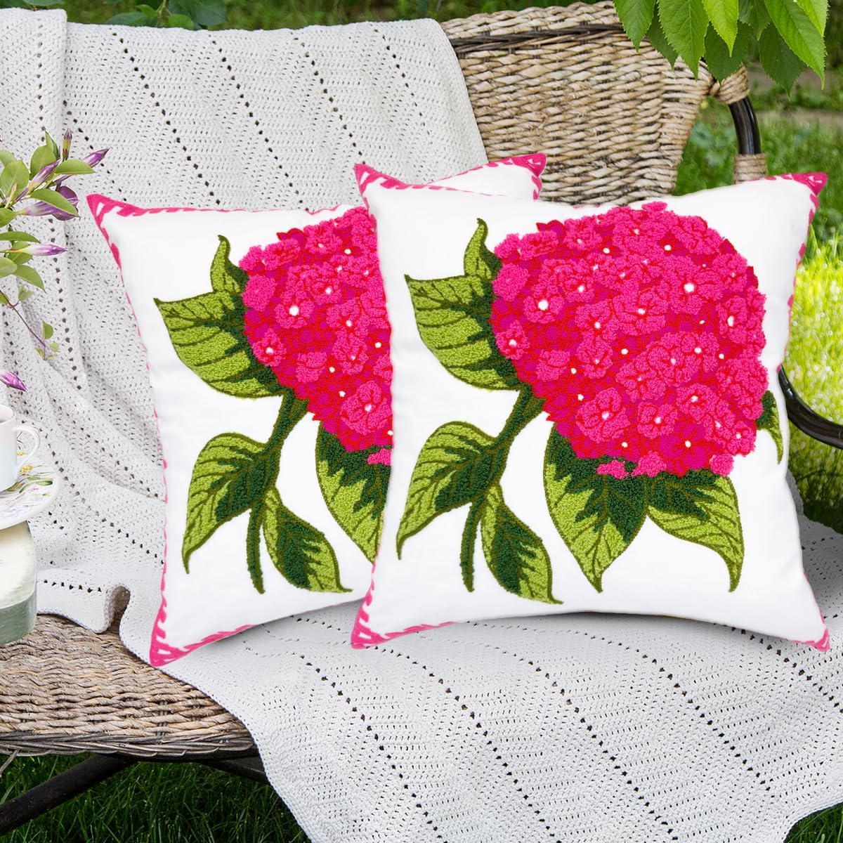 Alysheer Hydrangea Embroidered Decorative Throw Pillow Covers 18"x 18" Set of 2, Summer Floral Tufted Patterned Hot Pink Cotton Cushion Cases for Couch Bed Living Room Decor
