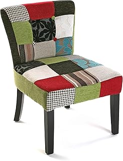 Versa Bl/Gr Patchwork Silla Acolchada tapizada para Salón o Comedor, Madera, Negro, Verde, Azul Gris y Rojo, 73 x 64 x 50 cm