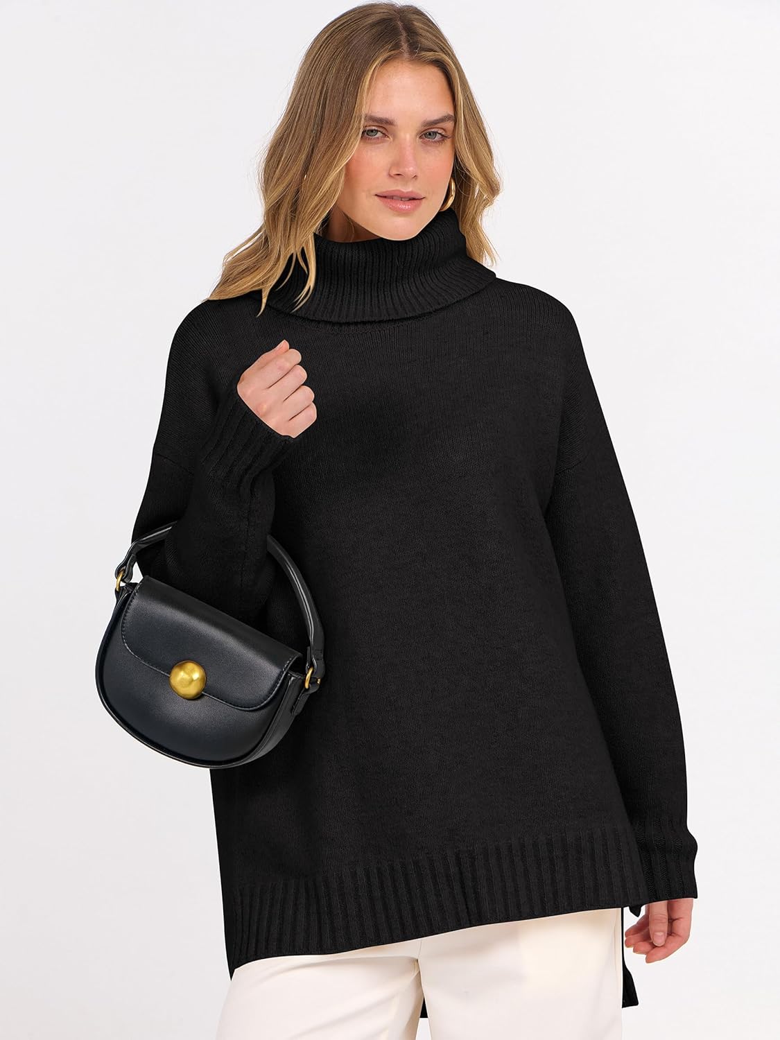 ANRABESS Womens Oversized Turtleneck Sweaters Casual Fall Long Sleeve Knit Spilt Hem Tunic Pullover Tops 2025 Winter Outfits - Image 6