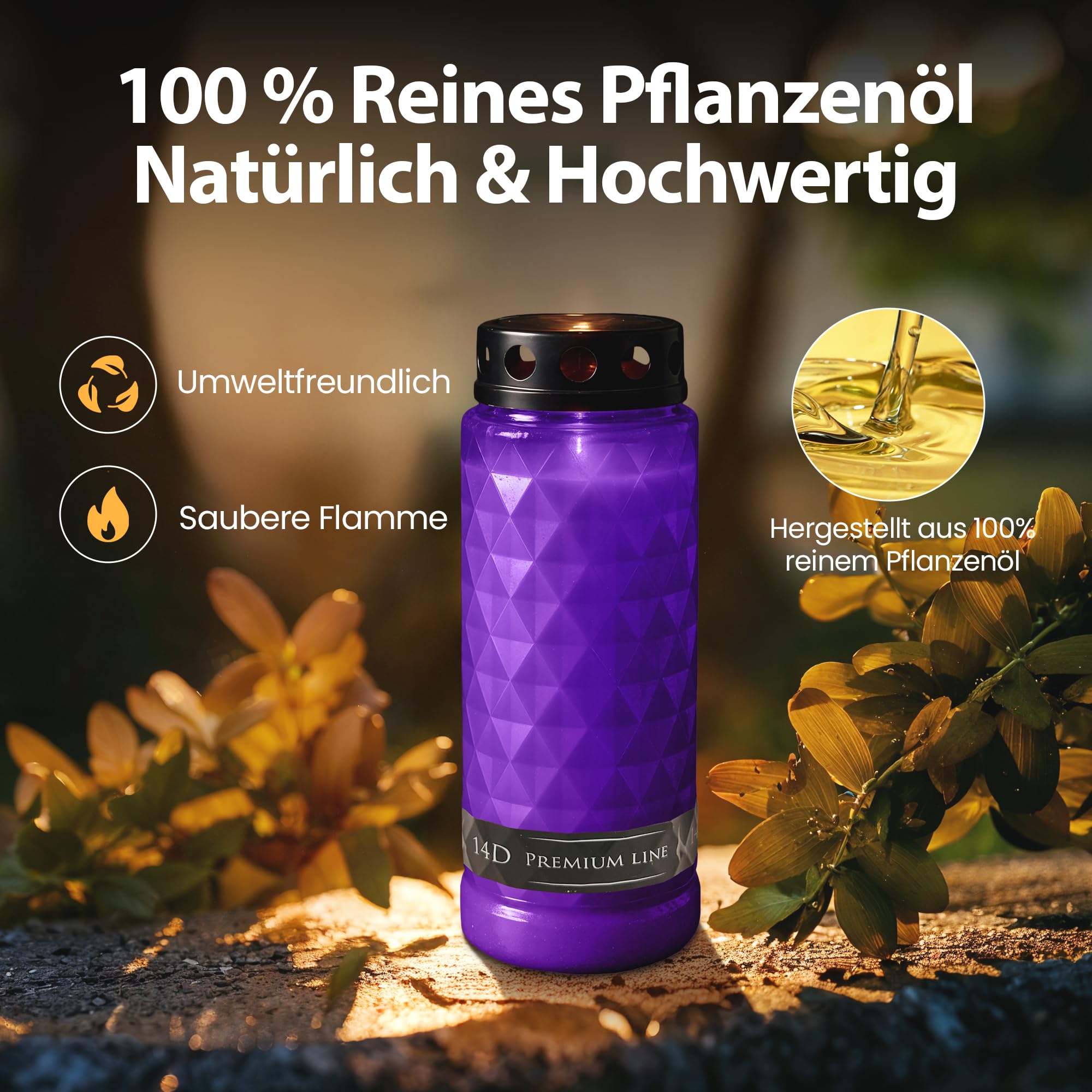 8x Grabkerzen mit 14 Tagen Brenndauer - windgeschützte Zweiwochenbrenner als Trauerkerze & Grablicht in Lila/Violett Gedenkkerzen mit Deckel & stabilem Stand für stilvolle Grabbeleuchtung