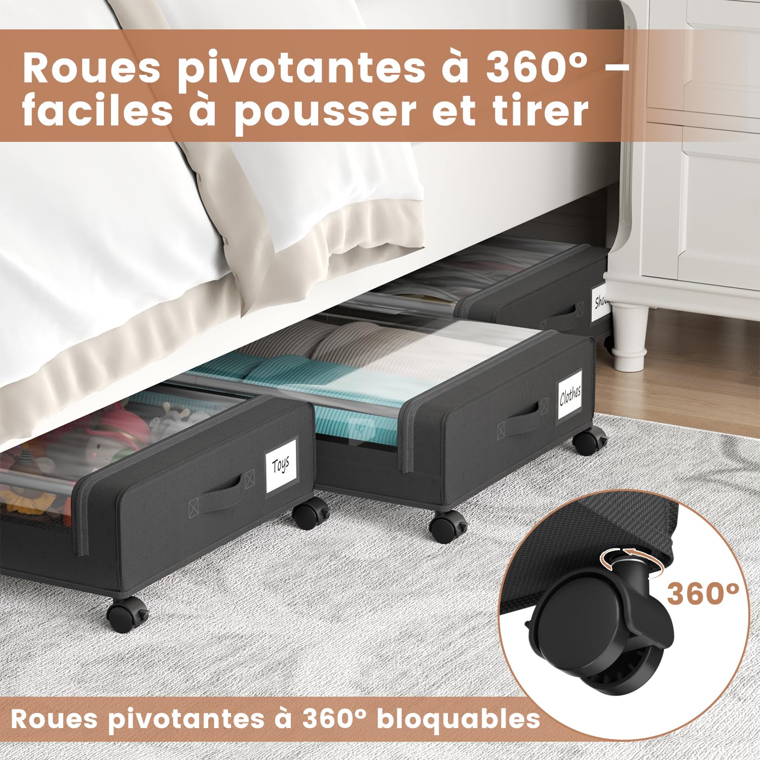 PHINOX Lot de 2 tiroirs de rangement sous lit avec roulettes, conteneurs de rangement sous lit avec couvercle transparent, tiroirs de rangement sous lit en tissu et cadre métallique pour vêtements