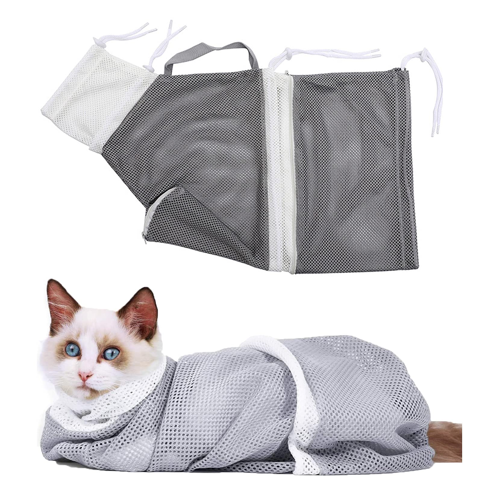Upgrade Cat Bath Bag Puppy Dog Cleaning Shower Bag Adjustable Anti-Bite and Anti-Scratch Polyester Cat Grooming Bag (Grey)