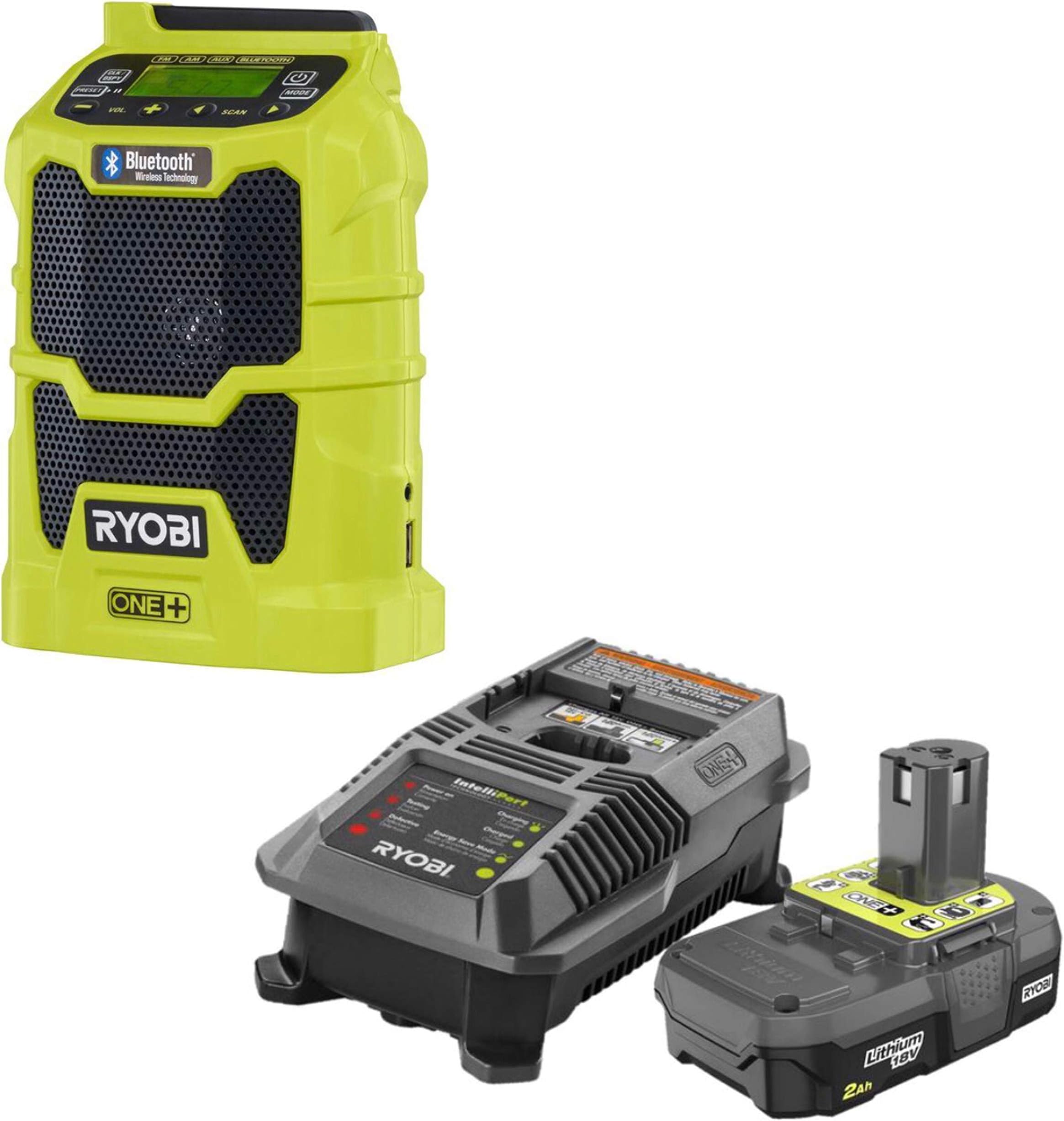 Ryobi P742 18V Cordless Compact AM/FM Radio w/Wireless Bluetooth Technology with Charger and Lithium-ion Battery (P163) 8-Volt ONE+ 2.0 Ah Battery