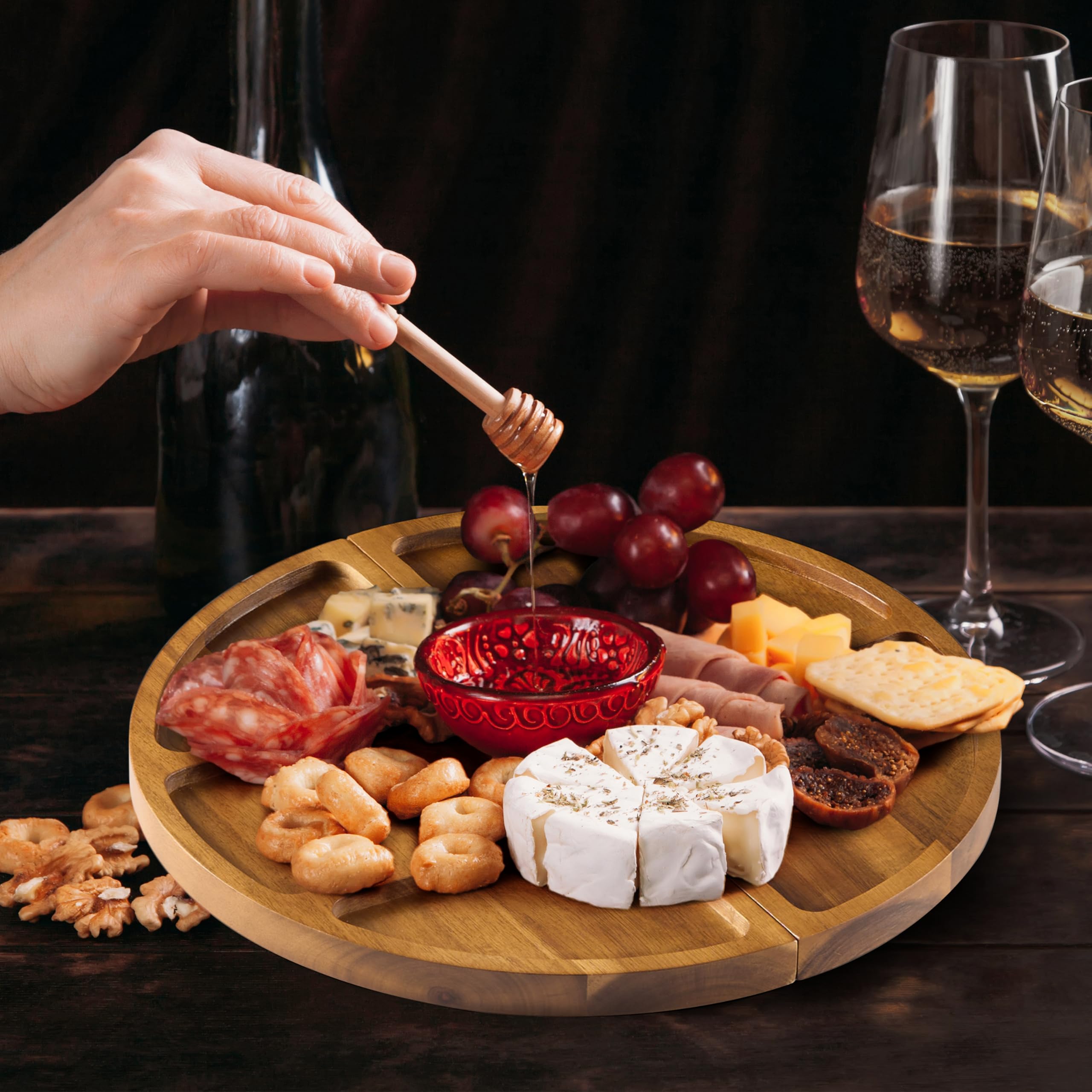 Tablas de embutidos extragrandes, 30 x 13 pulgadas, tabla magnética larga y redonda de 3 partes con juego de cuchillos, abridor de vino y marcador de queso, bandeja única para servir