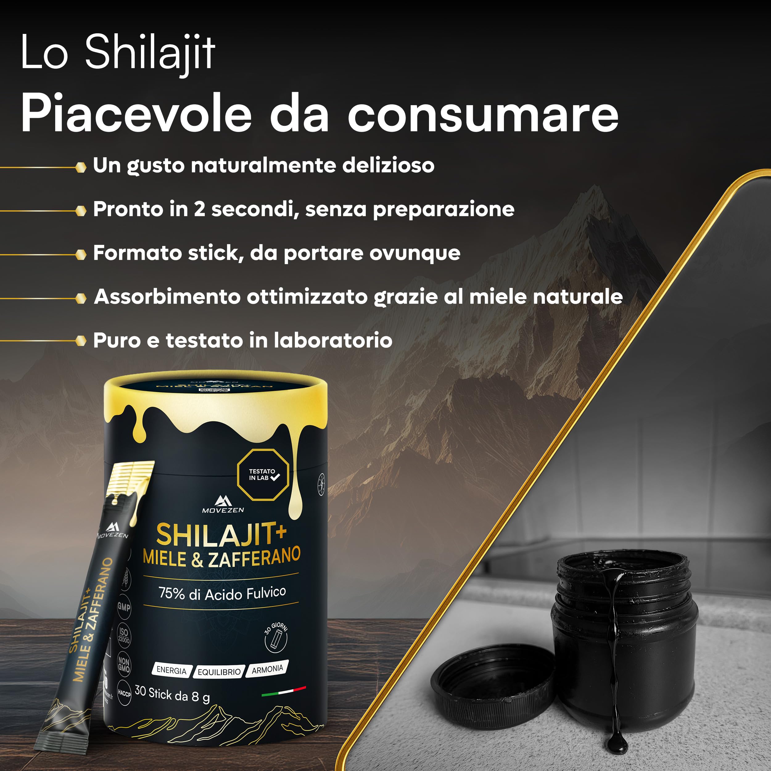 Shilajit +, Resina autentica 100% pura dell'Himalaya con miele e zafferano biologico – Energia sostenibile, Vitalità, Concentrazione – 30 Sticks da 8 g – Ricco di acido fulvico e umico, 85+