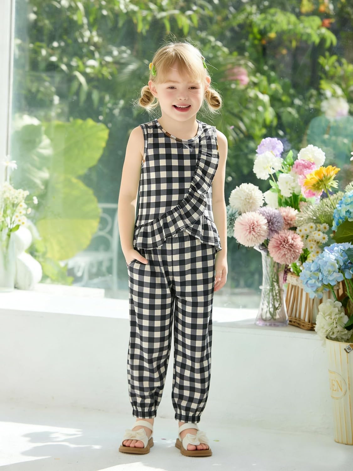 Haloumoning Toddler Baby Girl Summer Clothes Set Kids Checkered Ruffle Tank Tops and Pants Cute 2 Piece Outfits 1-8Y