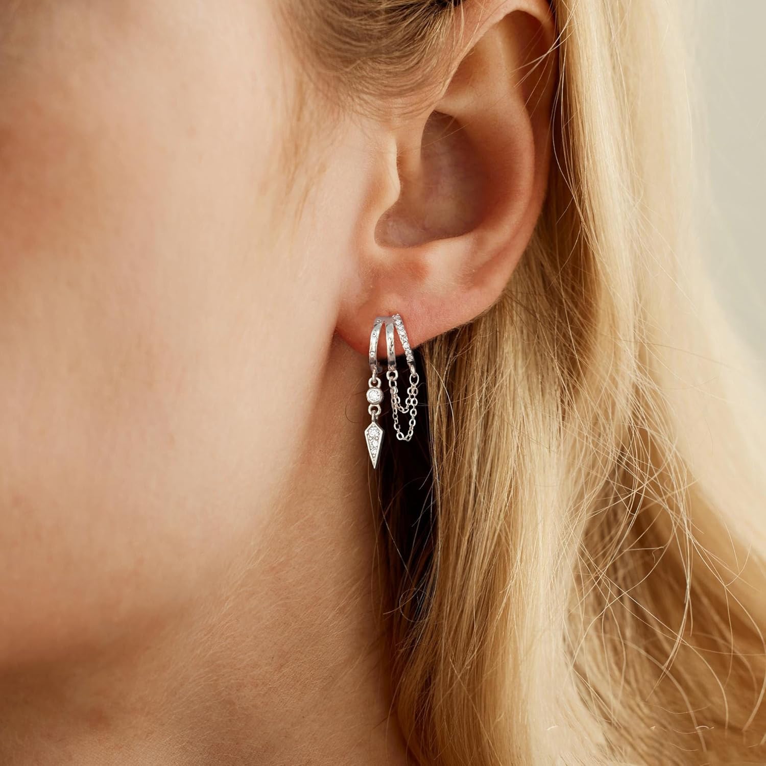 Dangle Earrings for Women,14k Gold Plated Triple Huggie Stud Earrings Cute Statement Chain Earring Dainty Drop Earrings for Women Trendy Gold Plated Jewelry - Image 3