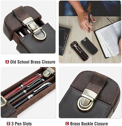 Vista 47 de Top Grain - Estuche organizador de cuero genuino para 12 bolígrafos y lápices, diseño minimalista sólido, hecho a mano, cierre magnético con cajón