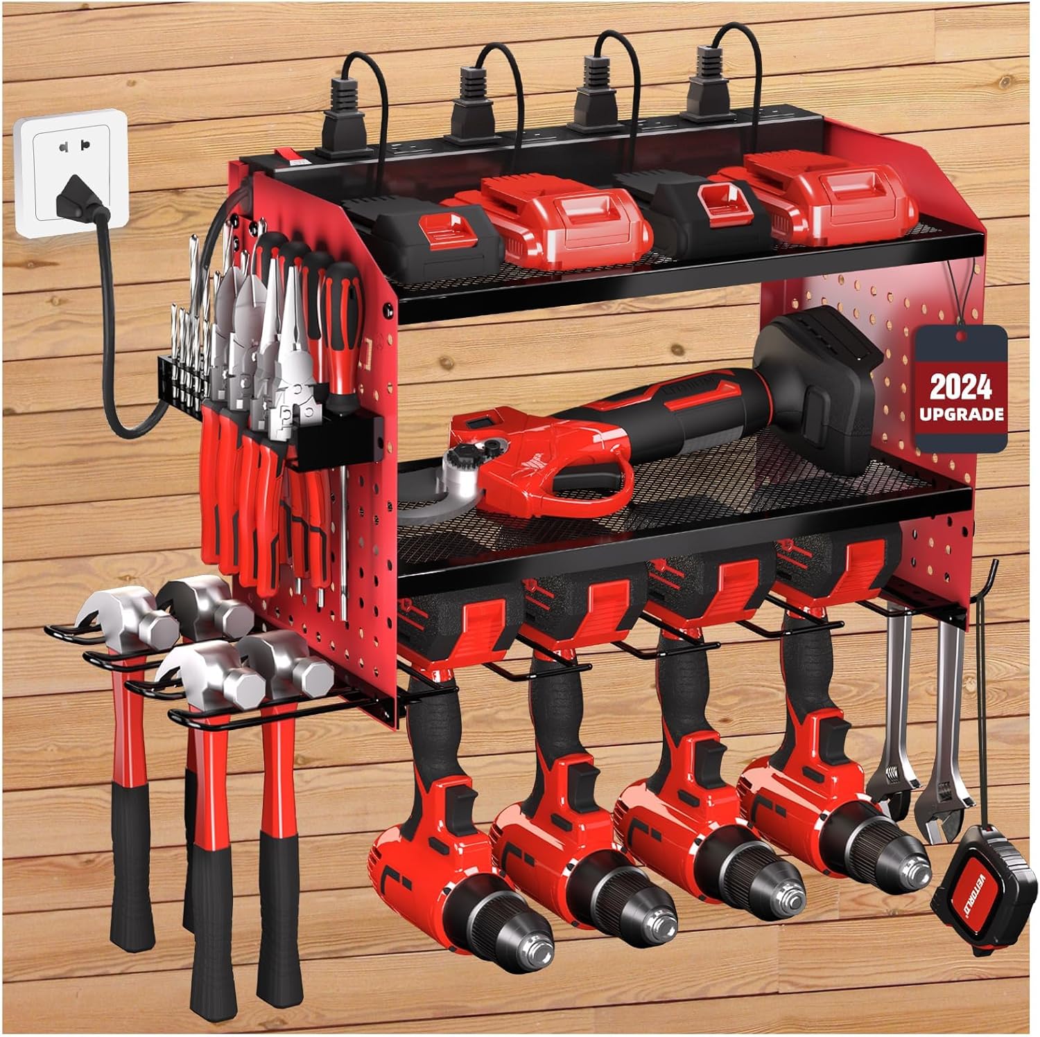 Veitorld Power Tool Organizer with Charging Station - 4 Drill Holders - Heavy Duty Modular Wall Mount Rack for Garage, Tool Storage Organizer - Christmas Birthday Gifts for Men Dad Him Husband 3 Layer Red W/Outlets
