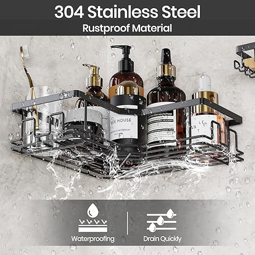 Miniatura 2 de WinDerMo Estante esquinero para ducha, estante de ducha de baño con estante para jabón y 12 ganchos, organizador de almacenamiento, color negro