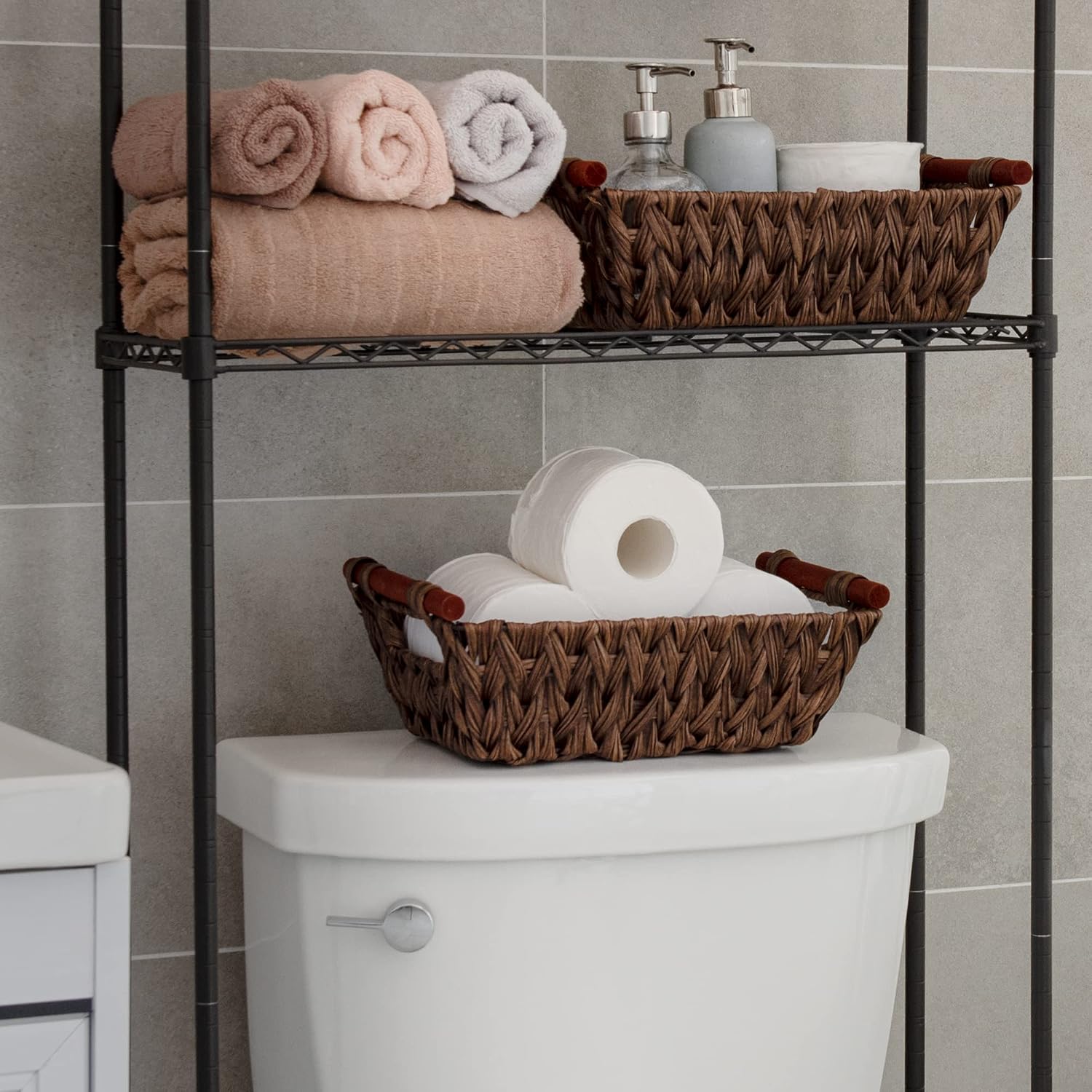 GRANNY SAYS Wicker Storage Baskets, Waterproof Wicker Basket with Handles, Woven Storage Bins for Pantry Kitchen and Bathroom, Brown, 2-Pack