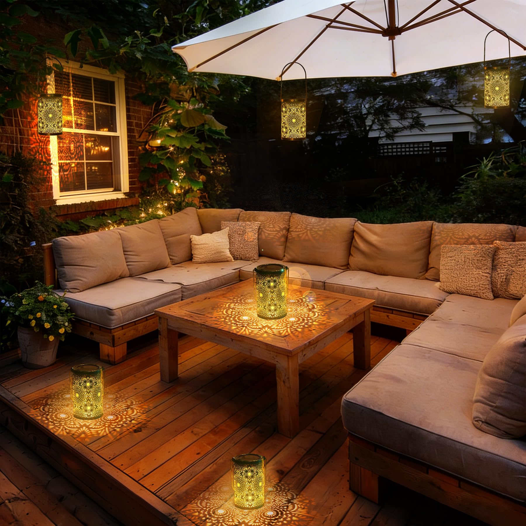 Bonsery Lot de 4 lanternes solaires d'extérieur en métal vintage à suspendre - Blanc chaud - IP65 - Étanche - Pour extérieur, balcon, pelouse, cour, jardin