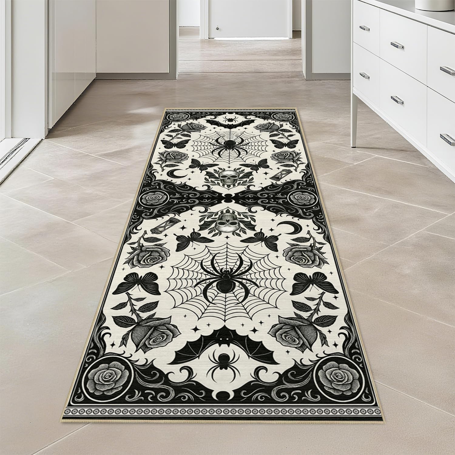 Dark Academia Gothic Runner Rug 2x6 for Hallway Kitchen Bedroom Black White Goth Witchy Spider Rug Machine Washable Non-Slip Printed Low-Pile Long Floor Carpet for Moody Decor Kitchen Bathroom Laundry