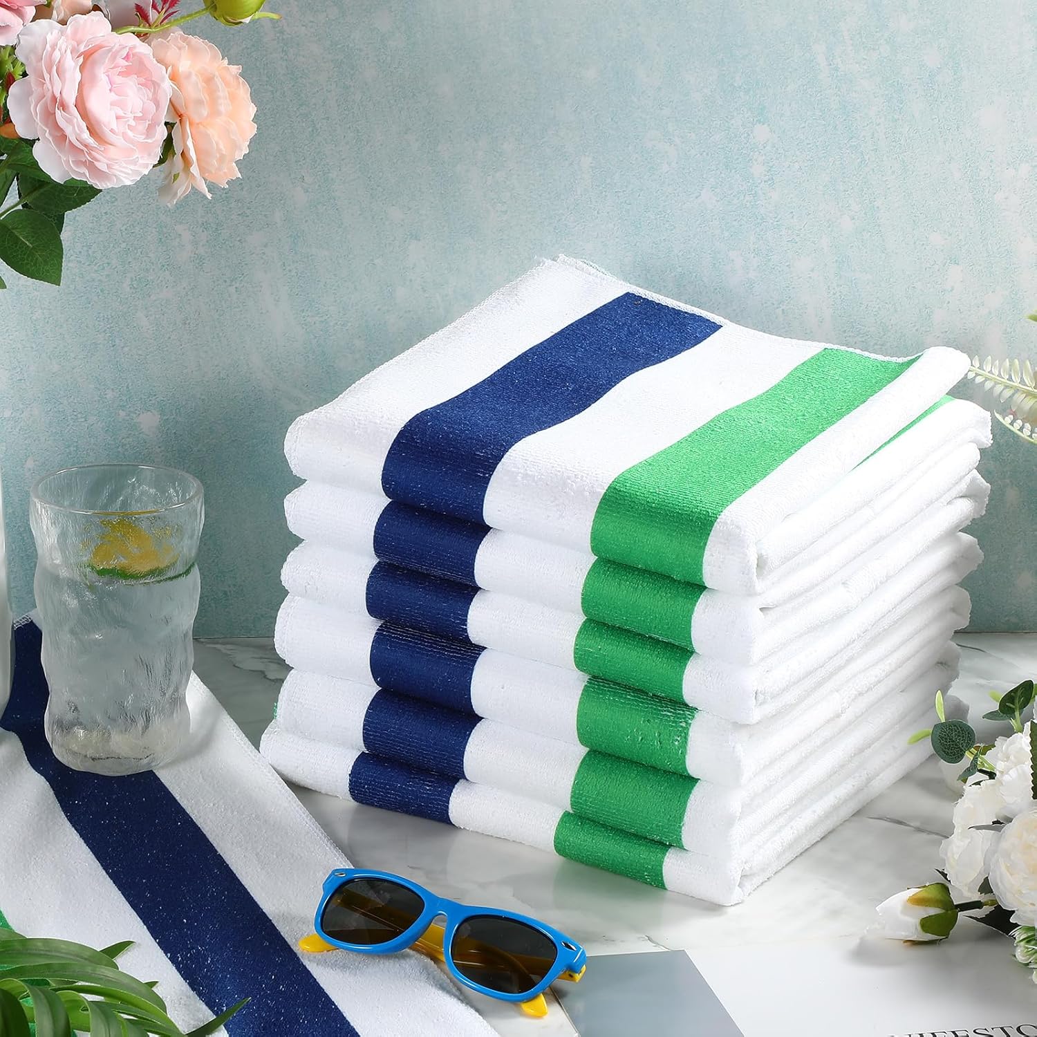 Xinnun 12 Packs Towel Set Bath Towel Swim Towel Beach Towel Oversized 28 x 60 Inch Highly Absorbent Pool Towel for Adult and Kid for Swim Bath Travel Beach Pool (Blue, Green and White Stripes)