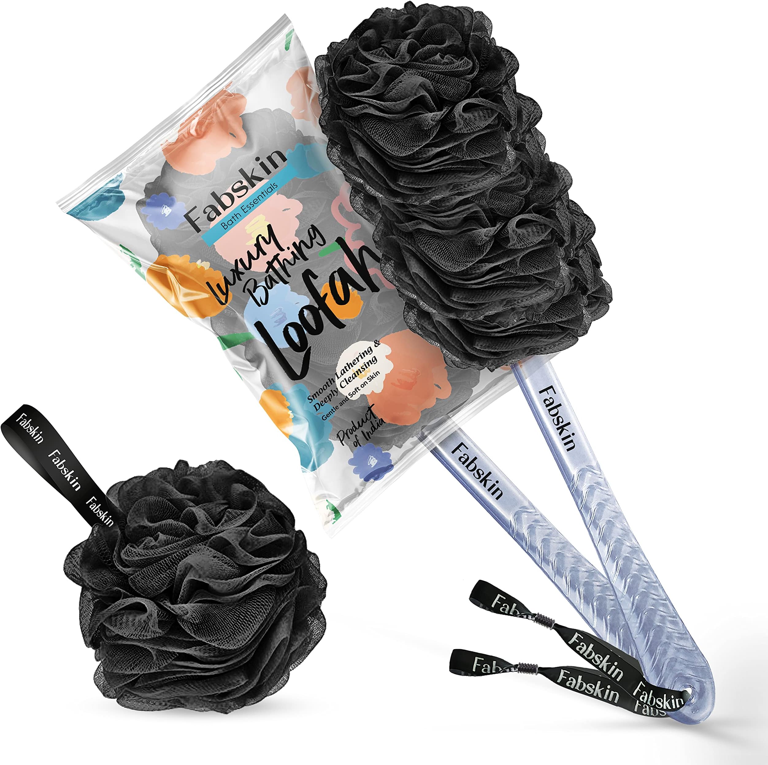 Luxury Bath Loofah Duo Pack - Loofah Sponge and Loofah Brush With Plastic Handle | Loofah for Bathing for Women & Men | Bath Brush Body Back Scrubber For Bathing (Black)