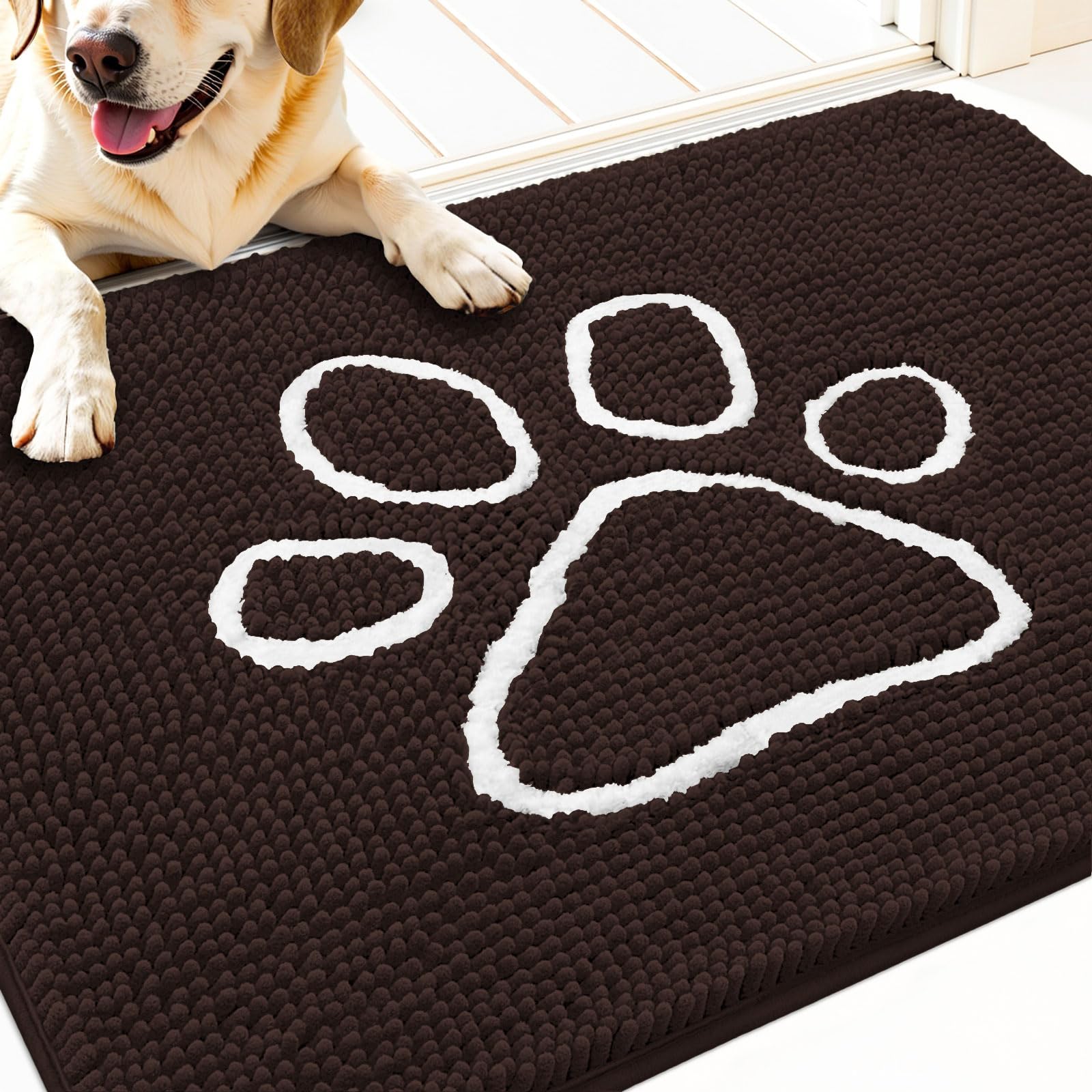 OLANLY Dog Door Mat for Muddy Paws 32x20, Paw Print Design Chenille Mud Mat