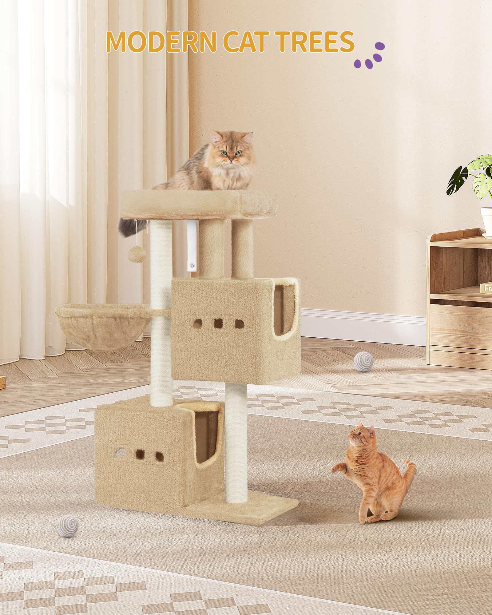 Hzuaneri Tiragraffi per gatti, 98 cm, piccolo, marrone cammello | Tiragraffi a più piani con posatoi, mobili per gatti con 2 grotte, tiragraffi in sisal, amaca, grotta, MS10018LCV1