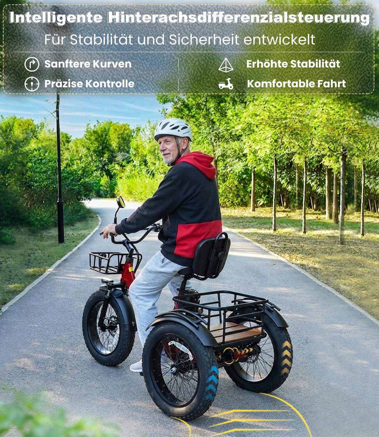 KAKIGO Elektro-Dreirad Für Erwachsene,Fat Tires Elektro-Dreirad,250W Motor,95 Nm,48V 18/10.4Ah Akku,20 Km/h, Vorder-&Hinterkorb,Differenzial,90/50Km Reichweite,Differential