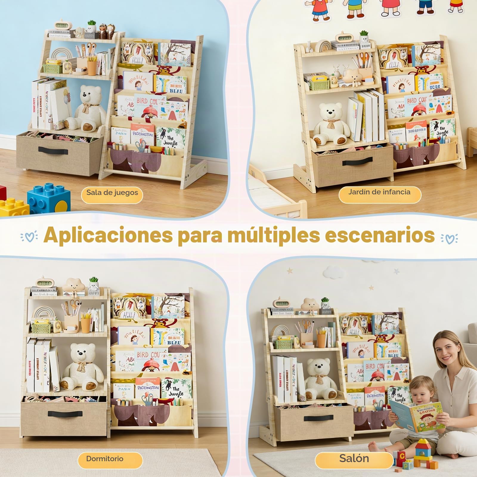 Estantería infantil con organizador de juguetes 2 en 1 – Estantería de madera y tela con 4 compartimentos, cajón y bolsillos para bolígrafos, estantería segura para niños de 68 cm de altura para