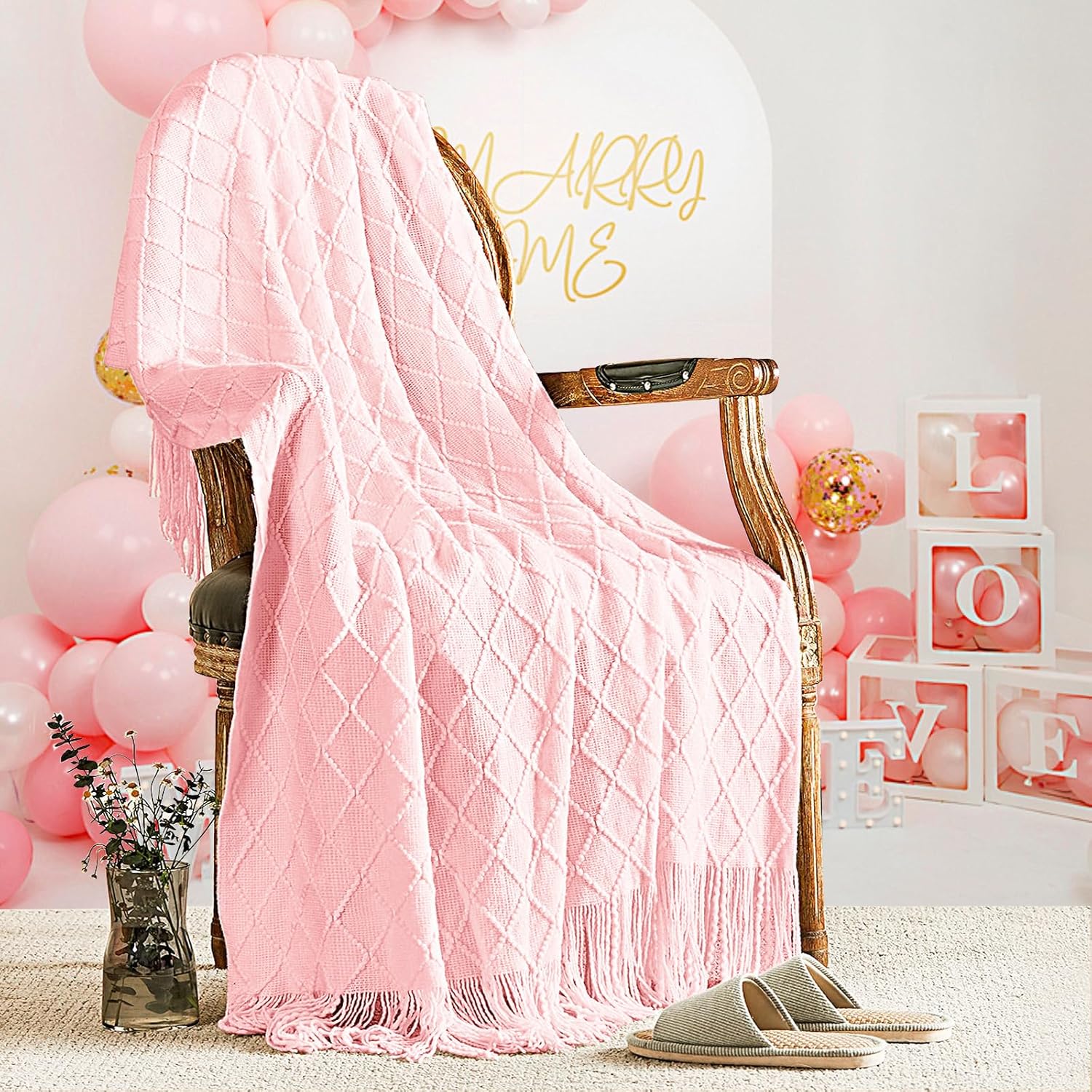 inhand Knitted Gifts Pink Throw Blankets for Couch Bed,Valentines Day Decor for Her Him Girlfriend Wife, Romantic Lightweight Decorative with Tassel, Farmhouse Warm Woven for Women,50"x60"