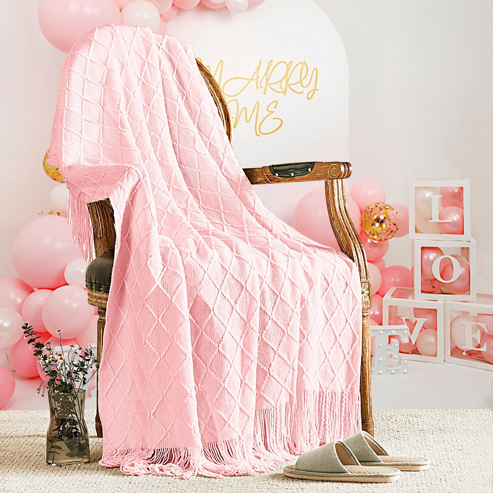 inhand Knitted Throw Blankets for Couch and Bed, Soft Cozy Knit Blanket with Tassel, Pink Lightweight Decorative Blankets and Throws, Farmhouse Warm Woven Blanket for Men and Women, 50"x60"