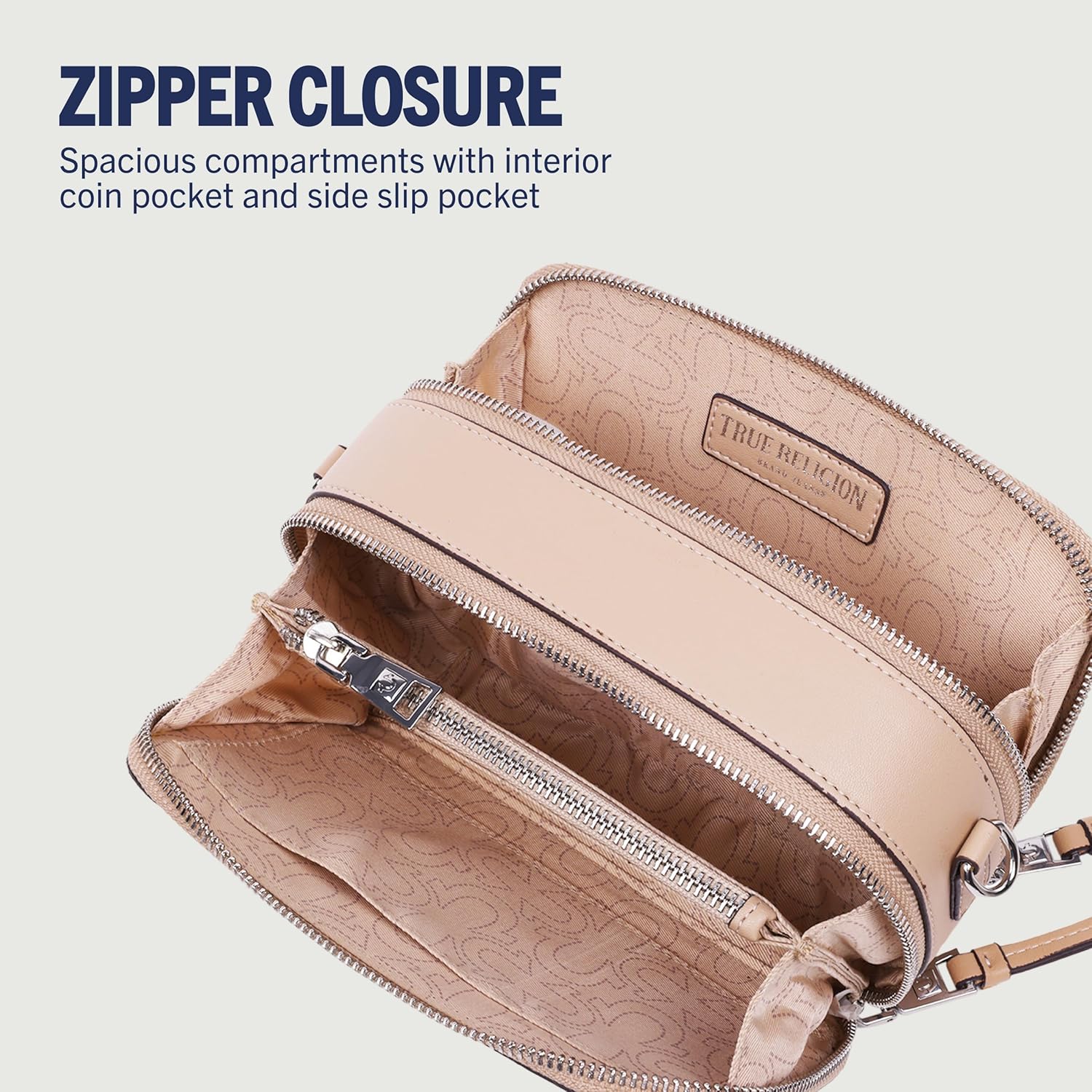 True Religion Horseshoe Plaque Crossbody Camera Bag, Stylish Small Travel Purse for Women, Denim