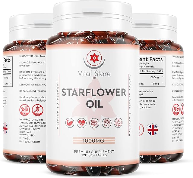 Starflower Oil Capsules 1000MG - 120 Soft Gels - Borage Oil - Gamma Linolenic Acid - Vegan Friendly High Strength