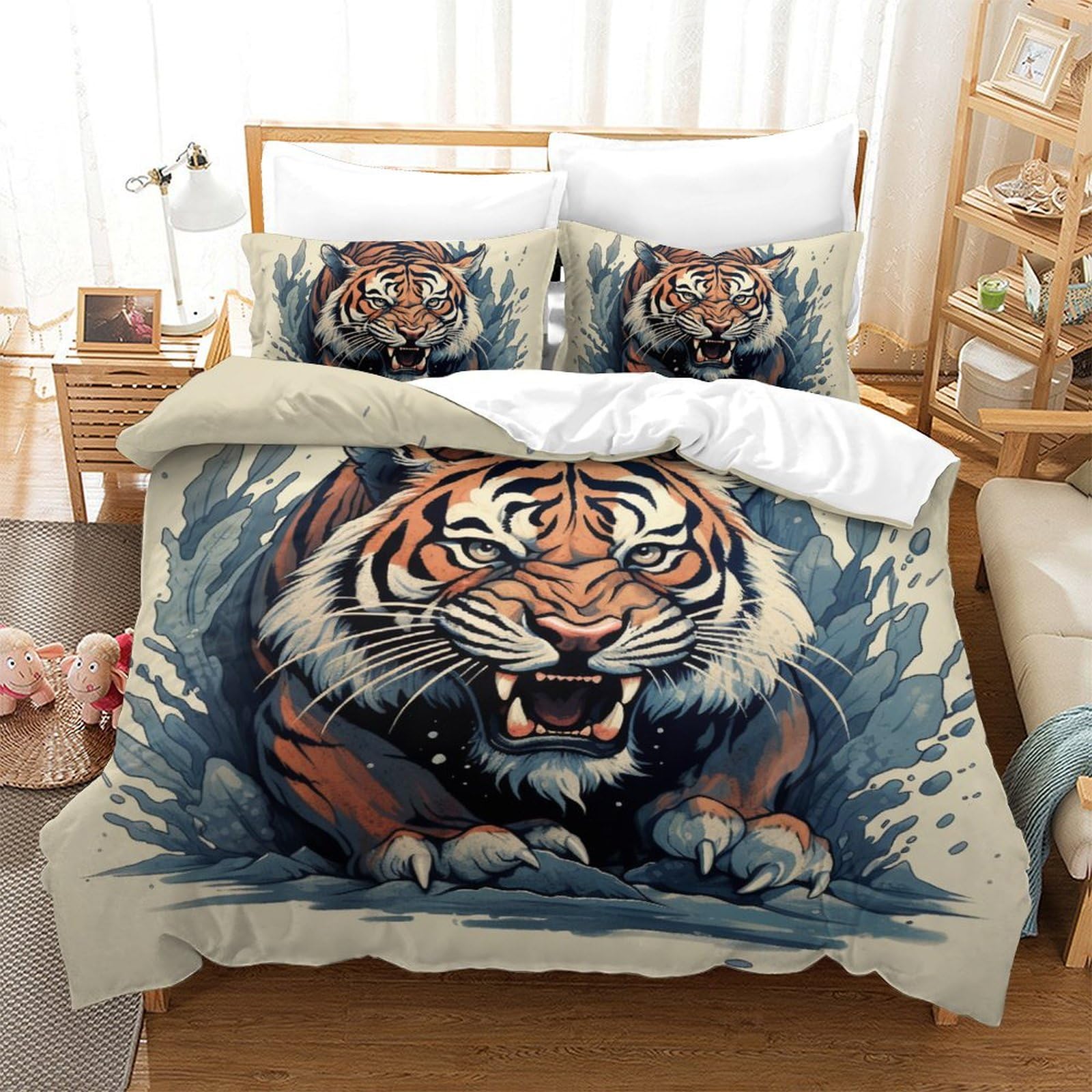 Housse de couette tigre 200x200 anti-plis et thermorégulatrice pour lit double