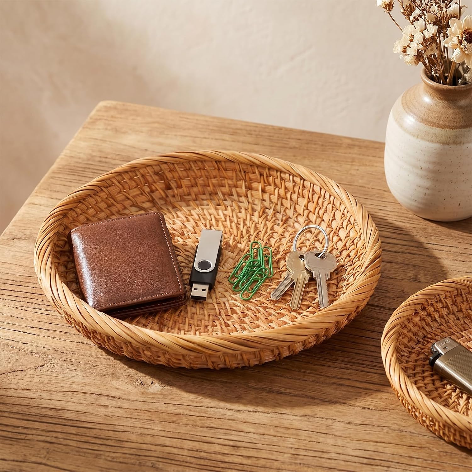 Rattan Key Bowl for Entryway Table, Handwoven Round Keys Basket