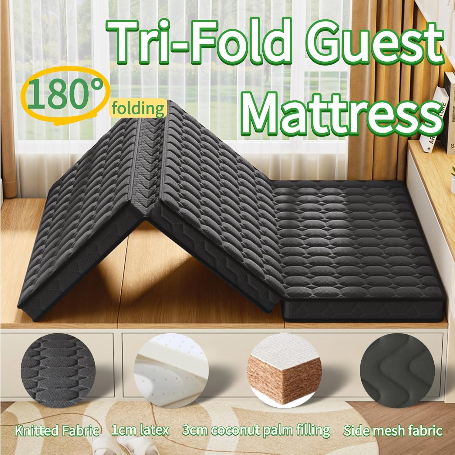 Tri-fold Mattress, Twin Size Portable Floor Bed, Foldable Mat for Adults, Futon Floor Mattress, for Travel & Camping & Yoga & RV & Guest Room