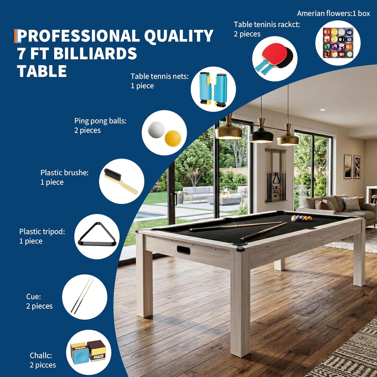 GarveeLife 3-in-1 Pool Table with Dining Top & Table Tennis,7 Foot Billiard Table Set with Full Accessories,Convertible Billiards and Table Tennis