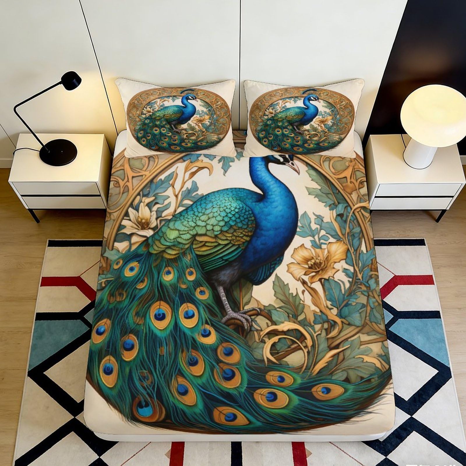 3D Printed peacock Fitted Sheet, Microfiber soft touch, wrinkle resistant, home decor, bed cover for bedroom, apartment bedding, easy care, anti-slip, dustproof, washable, 115 90x200x25cm