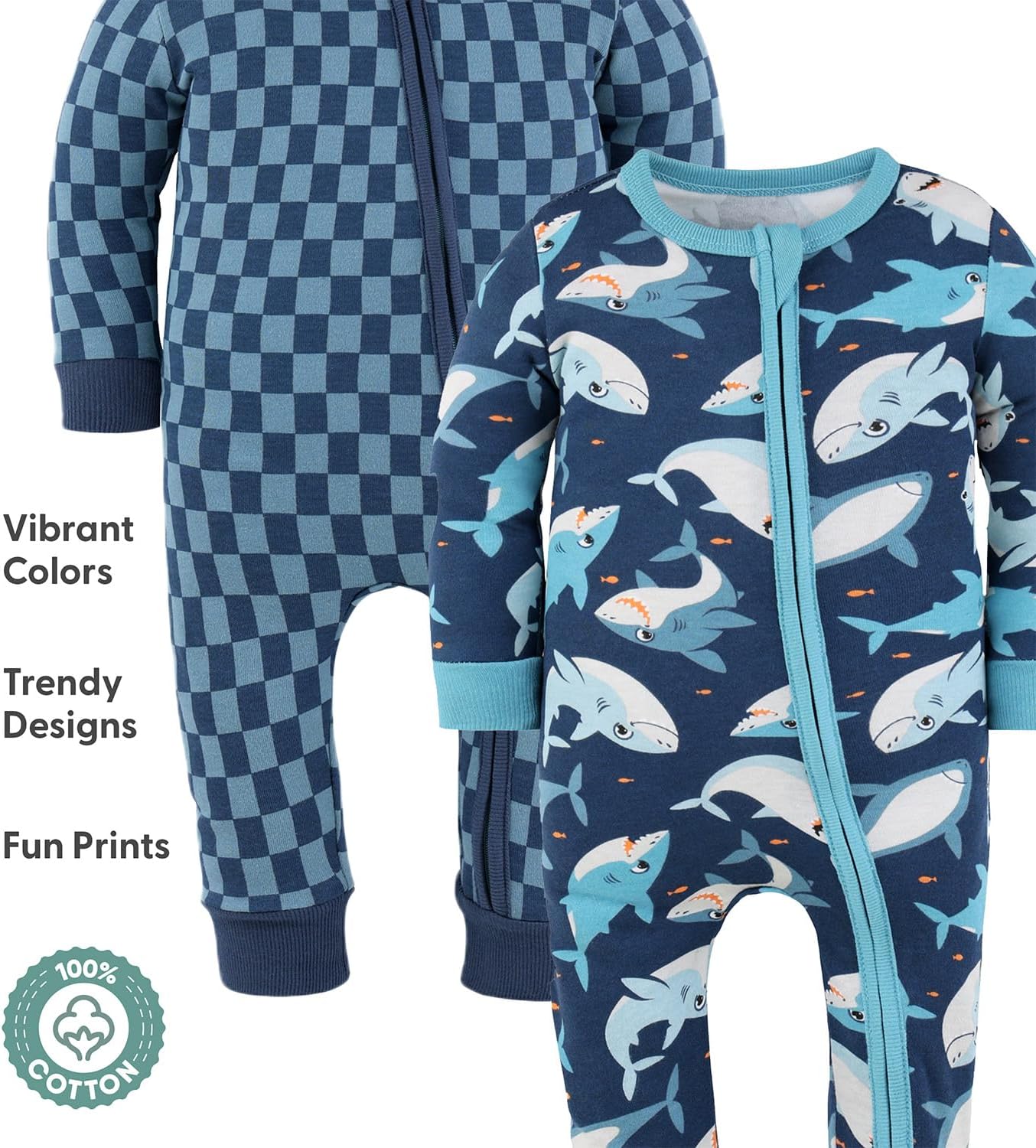 The Peanutshell 2-Pack Sleep and Play Baby Boy Clothes, Soft Cotton Footless Pajamas, Blue Checker & Happy Shark