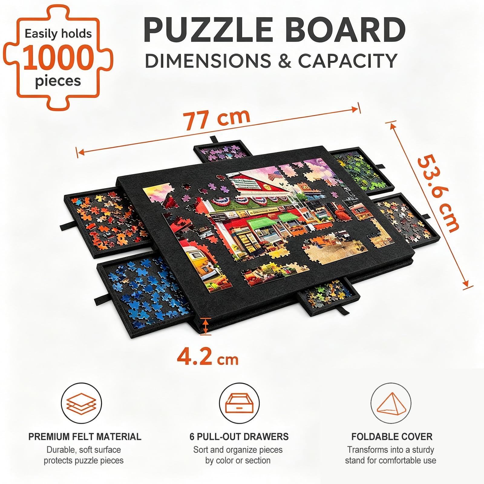 Puzzle 2 en 1 para 1000 piezas, mesa de rompecabezas plegable de fieltro con 6 cajones, carpeta portátil para guardar puzles (negro puro)