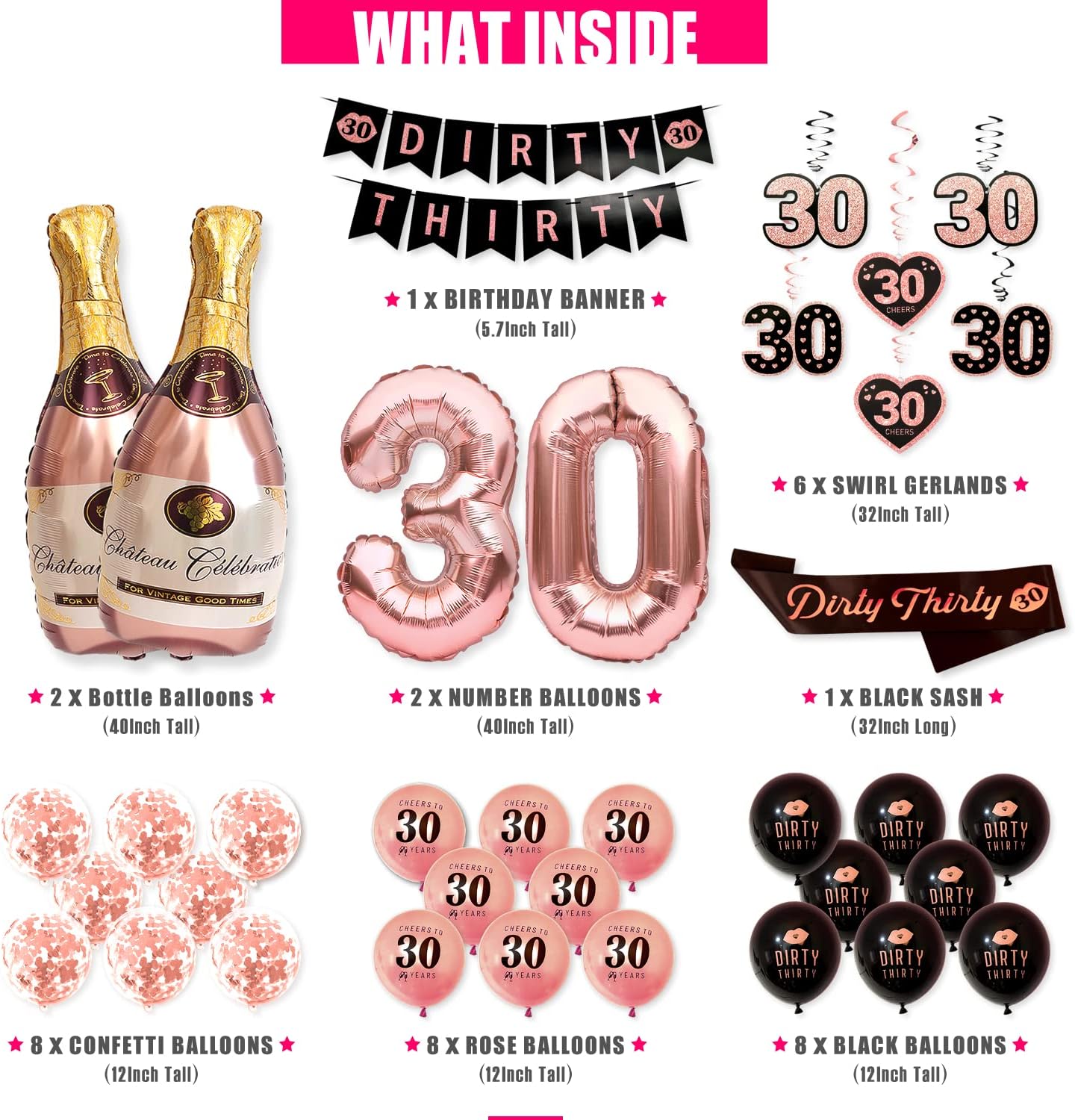 PartyForever 30th Birthday Party Decorations Banner Kit For Women Including Dirty Thirty Black and Rose Gold Banner for Her with Dirty 30 Balloons - Image 2