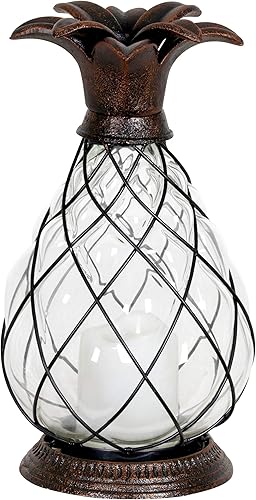 Miniatura 7 de Exhart Luces de jardín, linterna de piña para exteriores e interiores, vela LED con temporizador de batería, decoración de vidrio y metal, 10