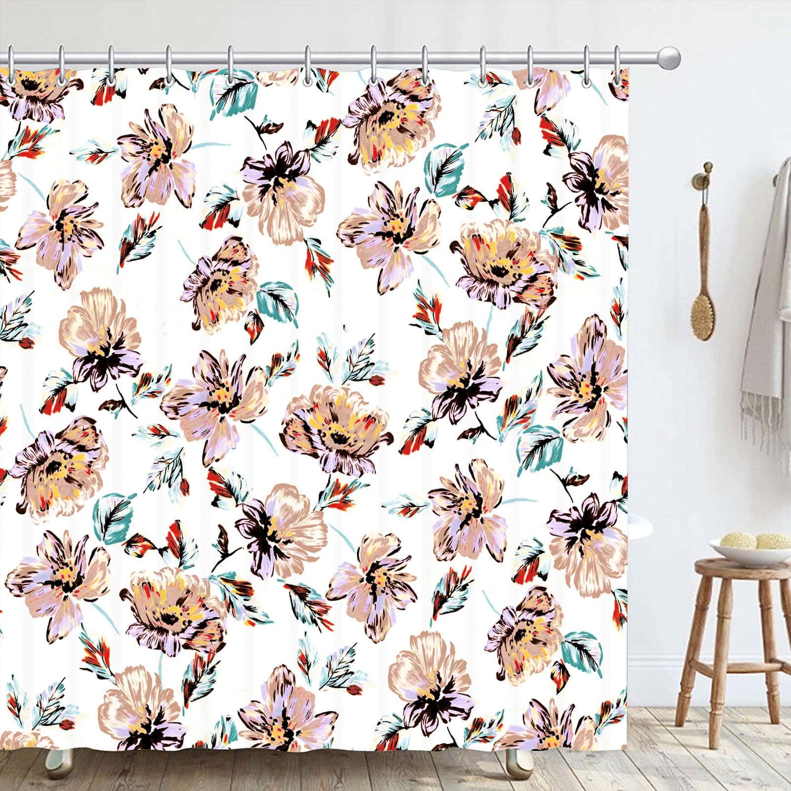 Hykiee Duschvorhang mit Blumen, Weiß Anti-Schimmel Wasserdicht Polyester Shower Curtain, Rustikaler Vintage Vorhang mit 12 Haken, Waschbar Modern Bad Vorhang für Badzimmer Dekoration 180x180cm