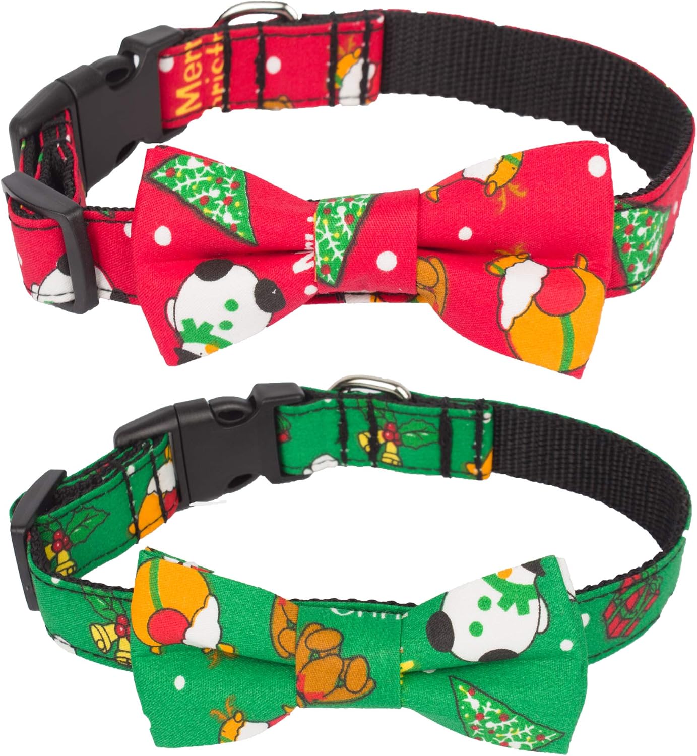 Christmas Dog Collar with Bow Tie, Adjustable Bowtie Dog Collars for Small Medium Large Dogs Pets (Red&Green Snowman, Small)