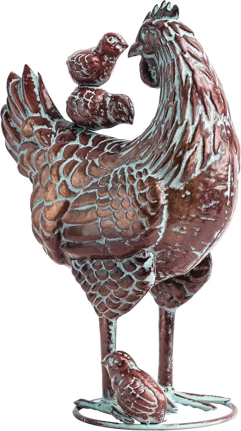Metal Mother Hen and Chicks Statue for Yard and Garden,13.5" Lx18 H Outdoor Sculptures & Statues, Antique Metal Chicken Yard Art for Home Backyard Patio,Gift for Mom Grandma and Chicken Lovers