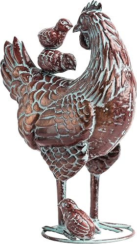 Mother Hen with Chicks Garden Statue for Outdoor Yard Decor,13.5"Lx18"H Large Metal Hen Yard Art for Outside,Antique Copper Chicken Sculptures & Statues for Home Kitchen Decoration,Gifts for Mom