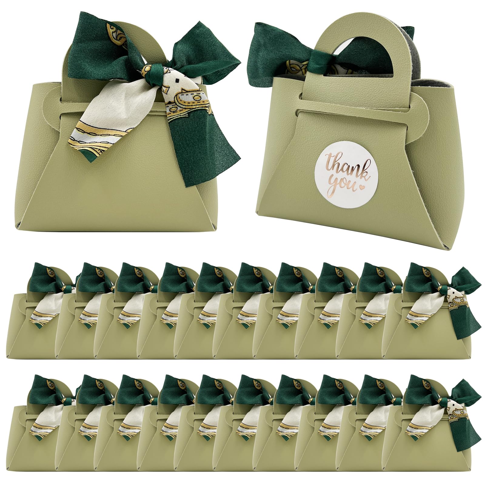 DUGYIRS 20 Pieces PU Leather Gift Bags with Satin Ribbon,Reusable Gift Boxes for Weddings,Birthday,Baby Showers,Candy(Light Green)