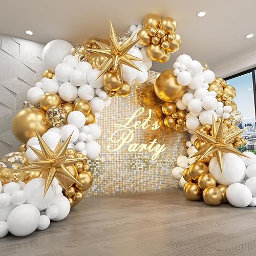 FOTIOMRG Kit de arco de guirnalda de globos blancos y dorados con 3 globos en explosión de estrellas, dorado metálico y blanco para boda,
