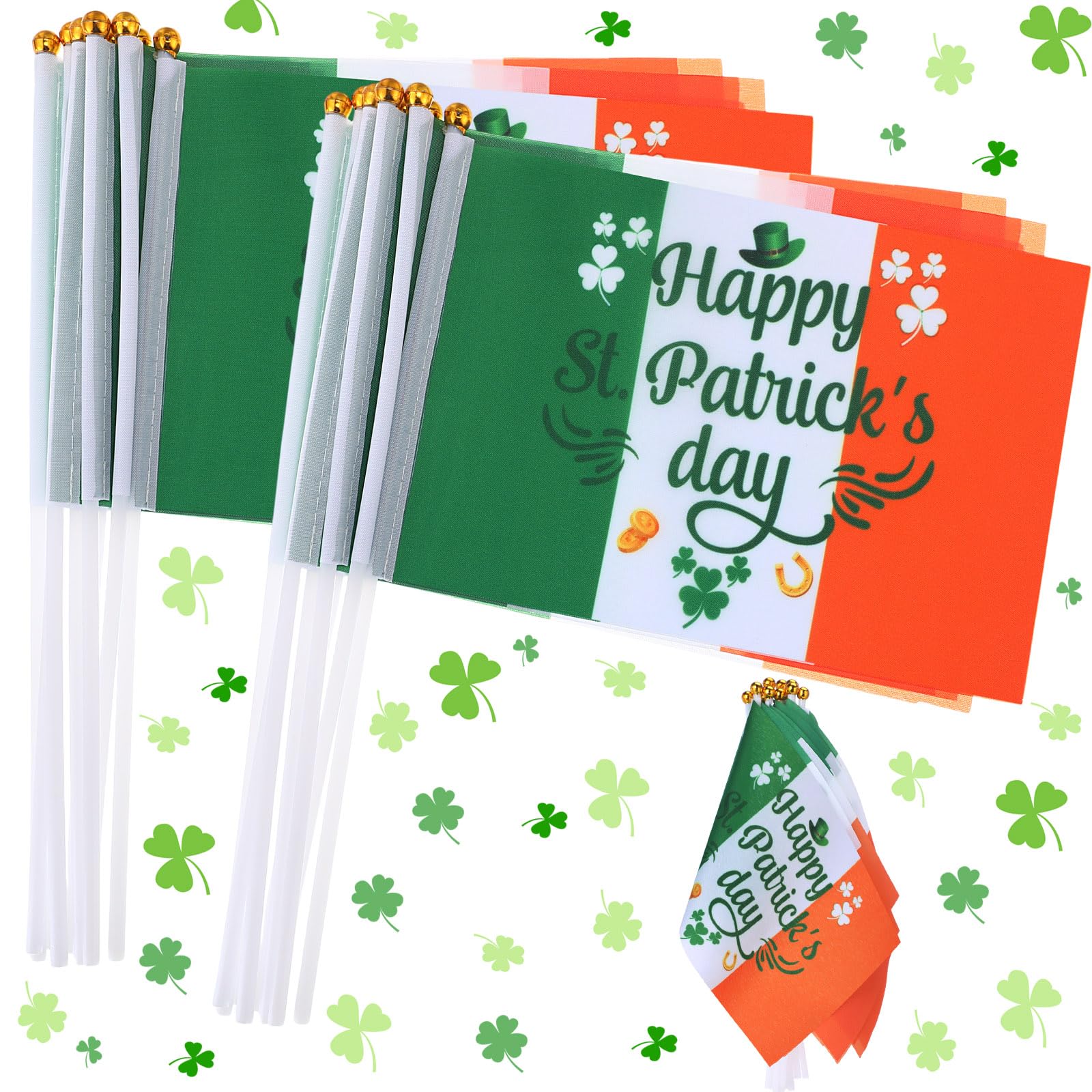 Outus 30 Pcs St Patricks Day Stick Flags Decorations Small Mini Handheld Shamrocks Flags for Ireland Irish Happy St Patricks Day Festival Parades