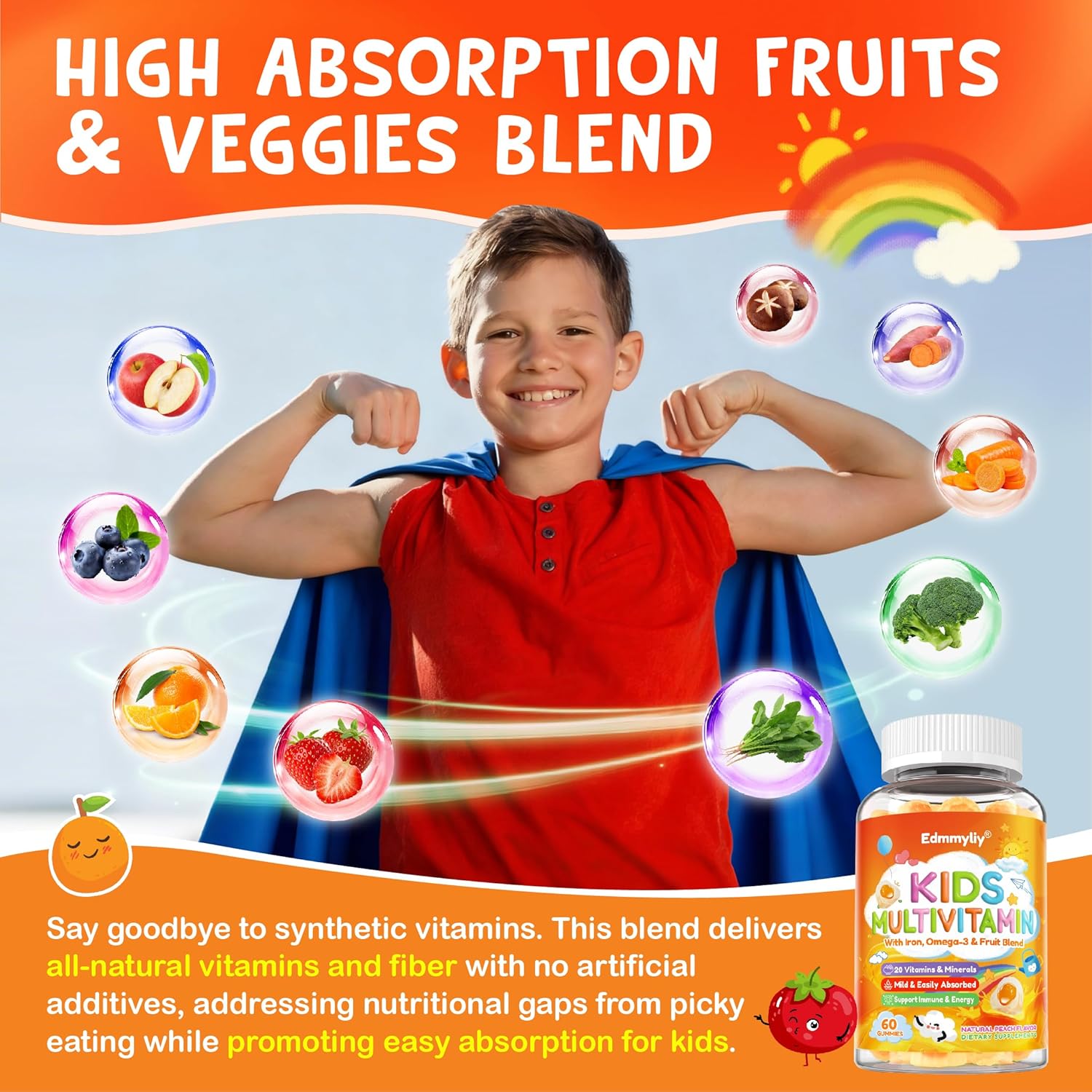 Kids Multivitamin Gummies - Vitamins A D3 K2, Methylated B-Complex with Omega-3, Iron for Immune & Development Support - Organic Mixed-Berry Flavor Multivitamins for Kids Daily - Sugar Free & Vegan