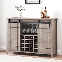 Garvee 47" Farmhouse Wine Bar Cabinet with Sliding Barn Doors, 16-Bottle Rack & Glass Holder - Light Ivory Coffee Station Sideboard