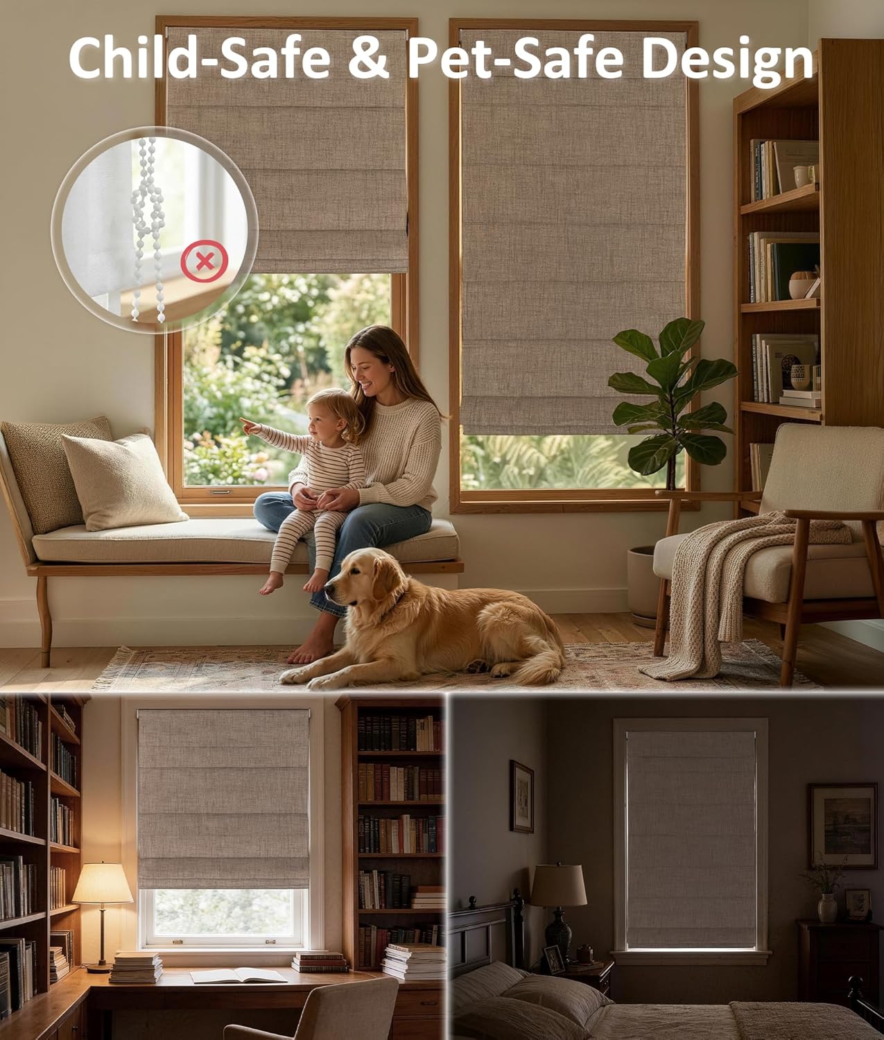 No Drill Roman Shades, Blackout Cordless Roman Shades for Indoor Windows, Thermal Insulated Room Darkening Fabric Blinds for Bedroom & Living Room, 22" W x 64" H, Beige