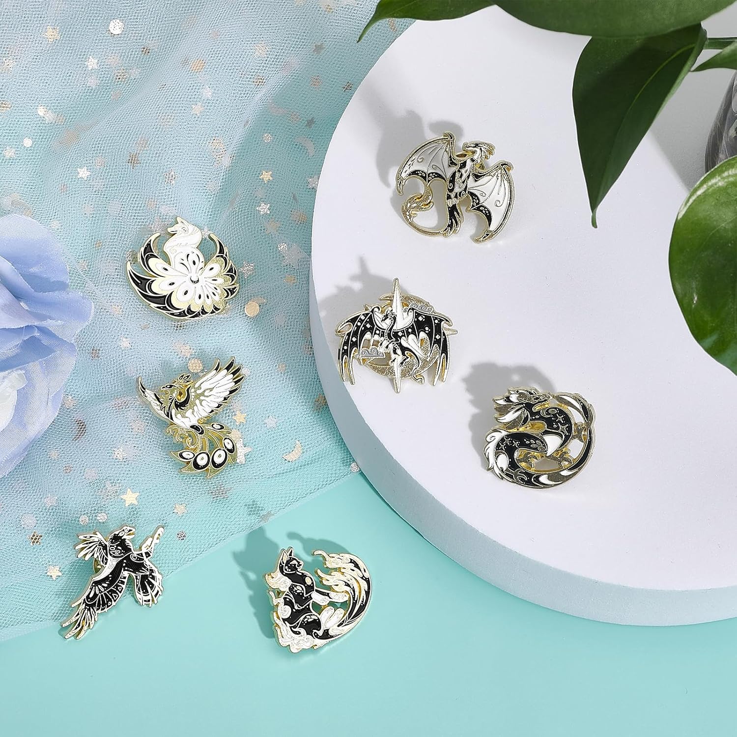 CHGCRAFT 7Pcs 7Styles Animal Alloy Enamel Pins Including Dragon Cat Bird Fox for Backpack Clothes Decorations Party Anniversary Accessories Gifts, Black - Image 4