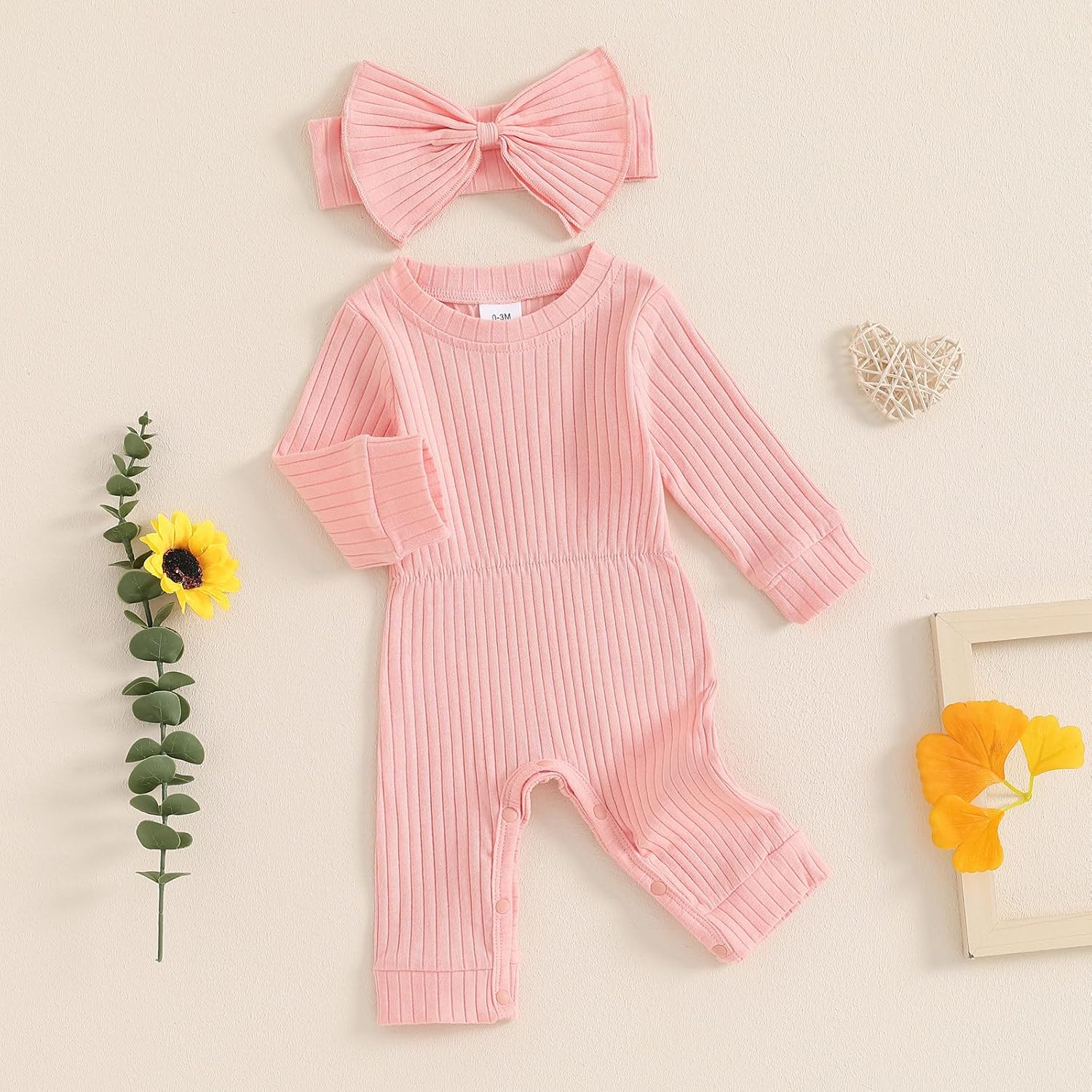Winioder Newborn Baby Girl Fall Clothes Ribbed Long Sleeve Romper Jumpsuit with Headband Infant 2Pcs Coming Home Outfit - Image 3
