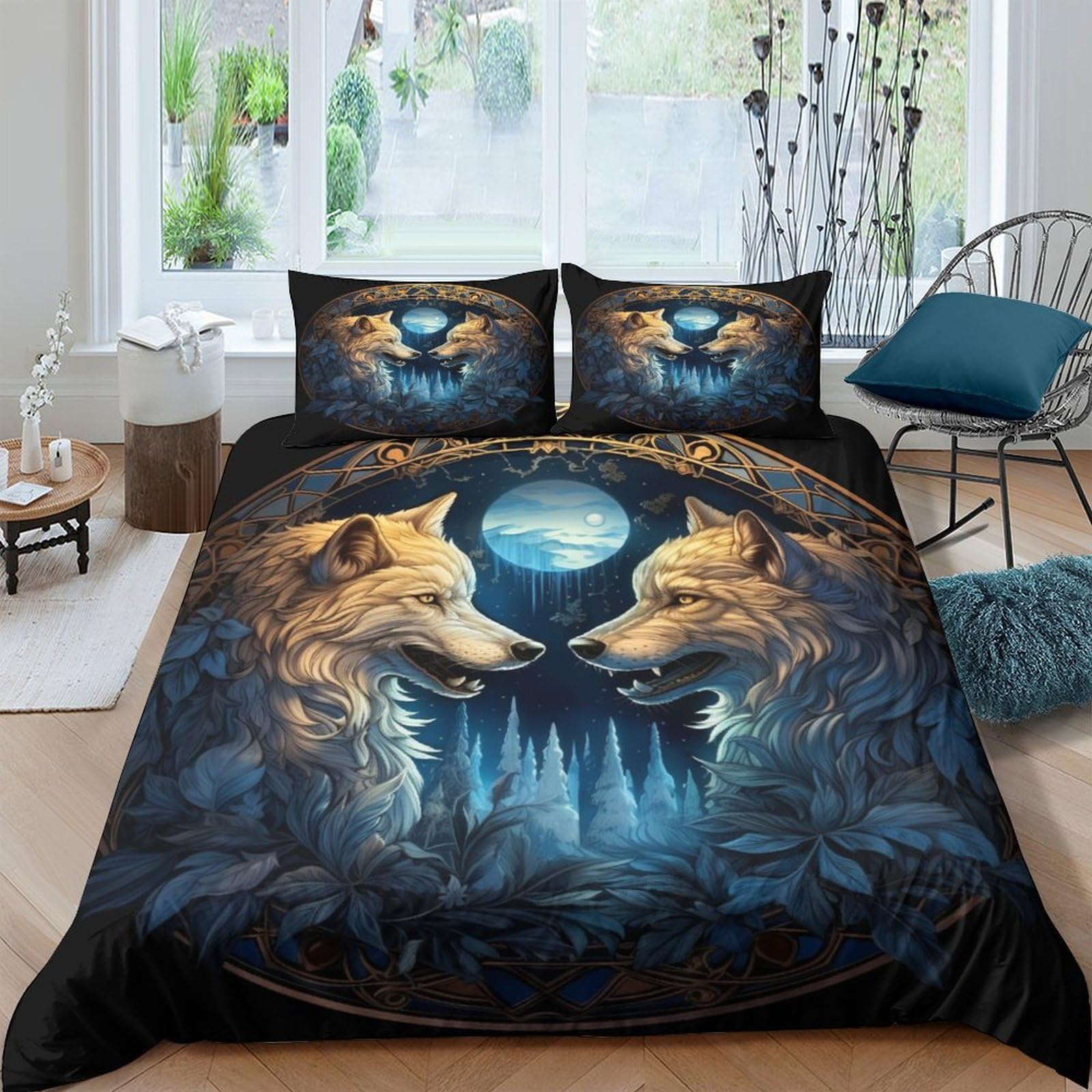 Housse de couette loup 3D anti-plis King 220x240cm facile à laver avec zip